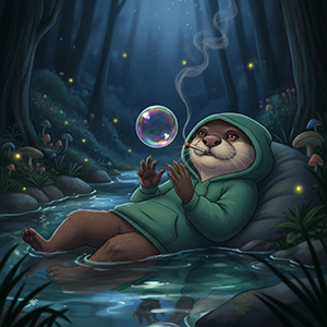 A chill otter in a green hoodie floats calmly in a magical nighttime pond, completely unbothered by the market liquidations.