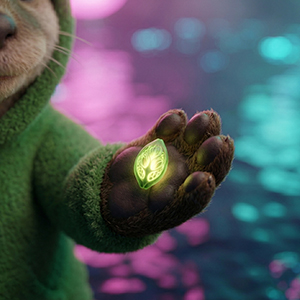 A dark otter paw cupped toward the camera, holding a single, glowing bioluminescent green seed with intricate mystical patterns.