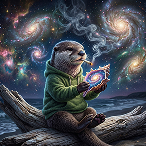 A high-resolution 3D render of the Stoned Otter wearing a textured green fleece hoodie and sunglasses. The otter is sitting on a pizza-slice raft in a mystical nighttime pond, holding a glowing, spiraled cosmic conch shell that emits a soft blue and white light.