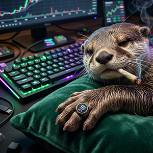 The Stoned Otter crypto mascot relaxing on the riverbank, representing the chill and laid-back community vibe of the Stoned Otter (OTTR) token.