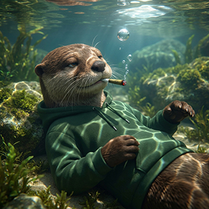 The Stoned Otter crypto mascot floating peacefully underwater in a green hoodie, blowing bubbles from a blunt.