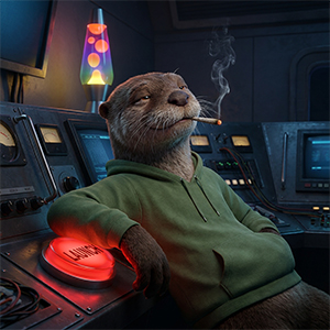 A 3D illustration of the Stoned Otter wearing a green hoodie and smoking a blunt. The otter is leaning lazily on a high-tech control console and staring blissfully at a lava lamp, while its arm accidentally presses down on a massive, glowing red 
