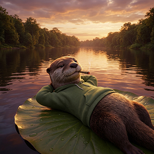 A chill, illustrated Stoned Otter wearing a green hoodie and sunglasses, lounging in a relaxed pose during a golden sunset.