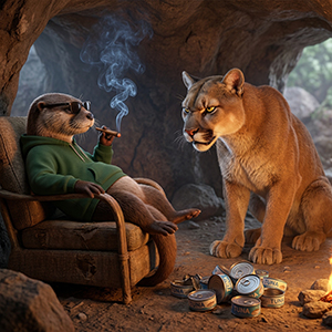 A 3D illustration of the Stoned Otter wearing a green hoodie and sunglasses, lounging in an armchair while smoking. On the floor next to him, a large, angry mountain lion stares intensely at the otter, with empty tuna cans scattered between them inside a cozy, dimly lit den