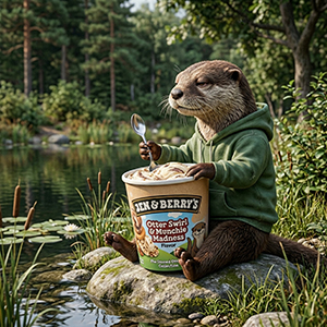 The Stoned Otter character, wearing his signature green hoodie, sits on a river stone by a forest pond, holding a silver spoon and enjoying a comically large barrel of Jen & Berry