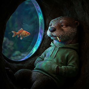 High-fidelity 3D render of the Stoned Otter wearing a green hoodie and smoking a joint, thoughtfully watching a single goldfish swim past a round porthole window.