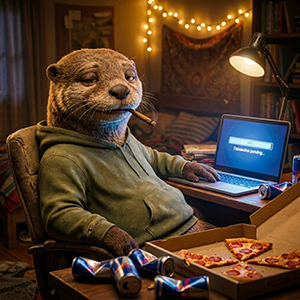 The Stoned Otter sitting at a wooden desk in a dimly lit room wearing a green hoodie, and holds a blunt in his mouth. The desk is cluttered with empty blue energy drink cans and an open box of leftover pepperoni pizza.