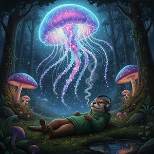 A chill otter in a green hoodie listens to music under a giant glowing jellyfish, staying steady and focused on art while the market sees red candles