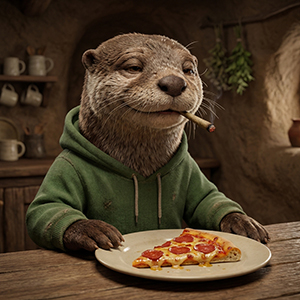 The Stoned Otter sitting in a kitchen wearing a green hoodie and smoking a blunt, looking happily at a slice of pepperoni pizza resting on a wooden table.