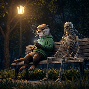 The Stoned Otter wearing a green hoodie and smoking a blunt, looking comfortably at his glowing smartphone screen while sitting on a park bench at night next to a human skeleton completely covered in cobwebs.