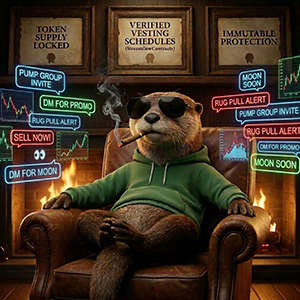 The Stoned Otter wearing a green hoodie and dark sunglasses, smoking a blunt while sitting in a leather armchair inside a cozy, dim den. is calmly ignoring a swarm of chaotic, neon crypto notifications floating in the air around him.