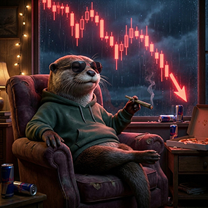The Stoned Otter in his signature dark green hoodie sits peacefully, eating pizza and smoking a blunt while the crypto market bleeds out in the background.