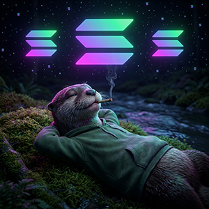 The Stoned Otter in a dark green hoodie lying on a mossy forest floor next to a dark river at night, smoking a blunt and looking up at a starry sky where the stars are glowing neon Solana logos.
