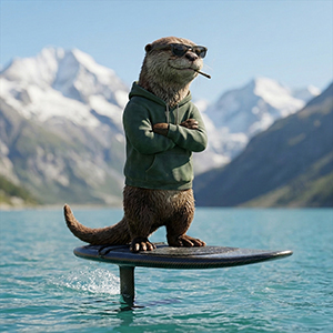 The Stoned Otter wearing a green hoodie and sunglasses, smoking while effortlessly riding a hydrofoil surfboard on a calm, bright blue alpine lake with snow-capped mountains in the background.