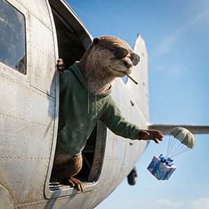 The Stoned Otter wearing sunglasses and a green hoodie dropping a gift box with a parachute from an airplane cargo door.