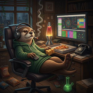 An otter in a green hoodie stays relaxed at his desk with pizza and snacks, ignoring 