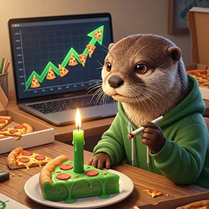 An otter in a green hoodie sits calmly by a green-lit pizza candle, remaining unbothered while a laptop screen shows a rising market chart made of pizza slices.