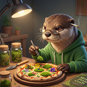 An otter in a green hoodie meticulously crafts a moss-topped pizza with tweezers, focusing on quality and building something that lasts while the market stays noisy.