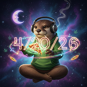 An otter in a green hoodie meditates in space with pizza and music, surrounded by the glowing date 4/20/26 as the Raft prepares for the Prophecy.