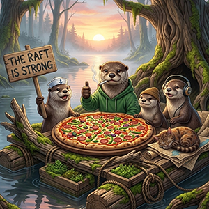 A group of otters enjoys a giant pizza on a cozy moss-covered raft, keeping the vibes high as they prepare for the 4/20 Prophecy.