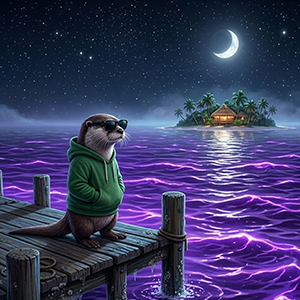 An otter in a green hoodie and sunglasses stands on a wooden pier, looking toward a distant tropical sanctuary under a starry night sky with his eyes on the horizon.